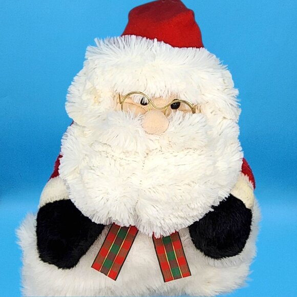 Vintage 1990s Santa Plush Stocking Furry Santa Face Gold Glasses Plaid Bow 26" - Picture 3 of 11
